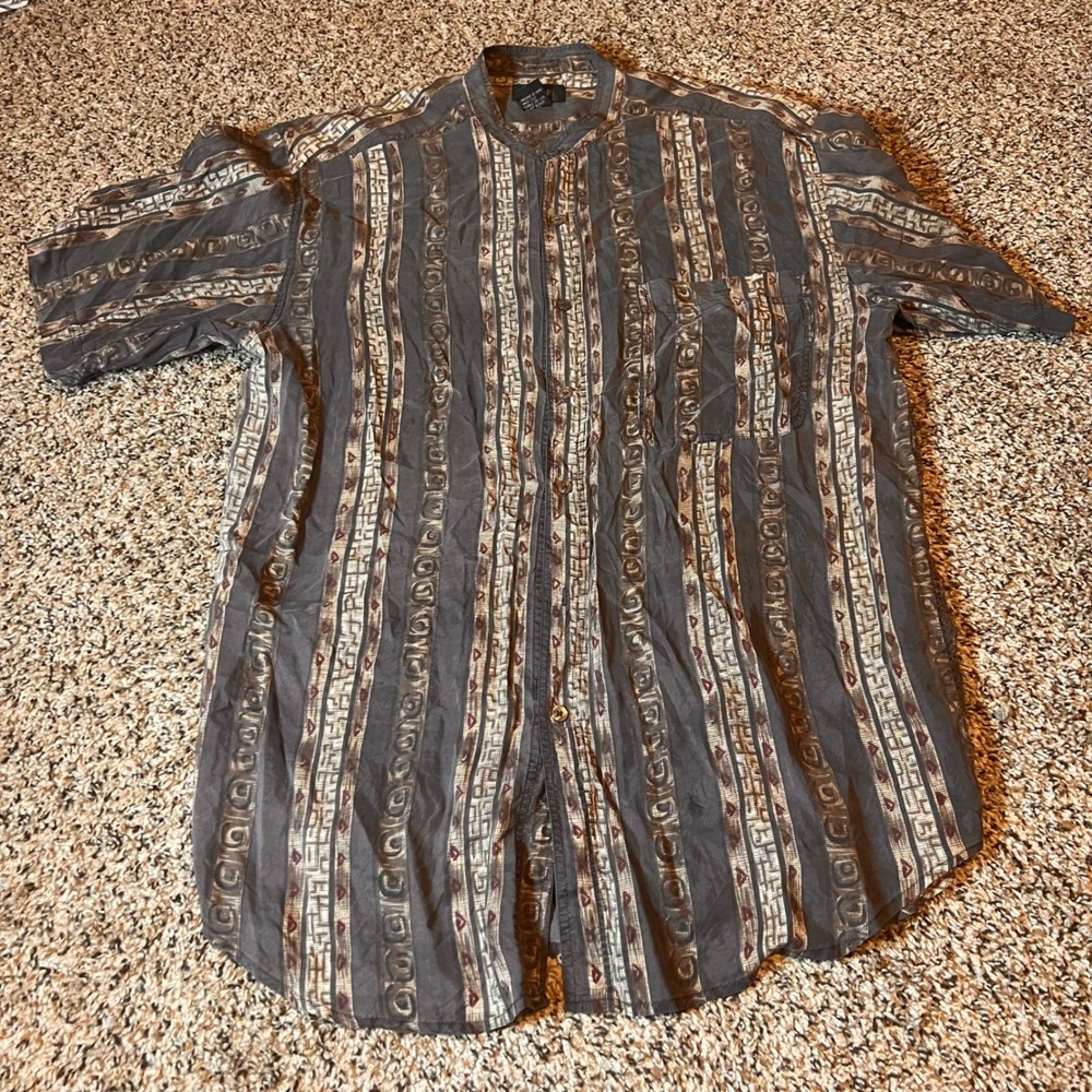 Bogari Silk Button Up Shirt Abstract Printβ Short Sleeve Casual Large